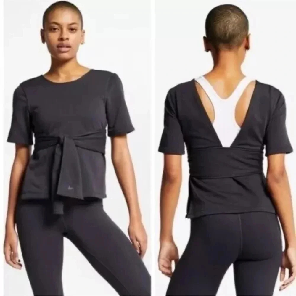 Nike Yoga Wrap Short Sleeve shirt sweatshirt Black womens medium EUC‎